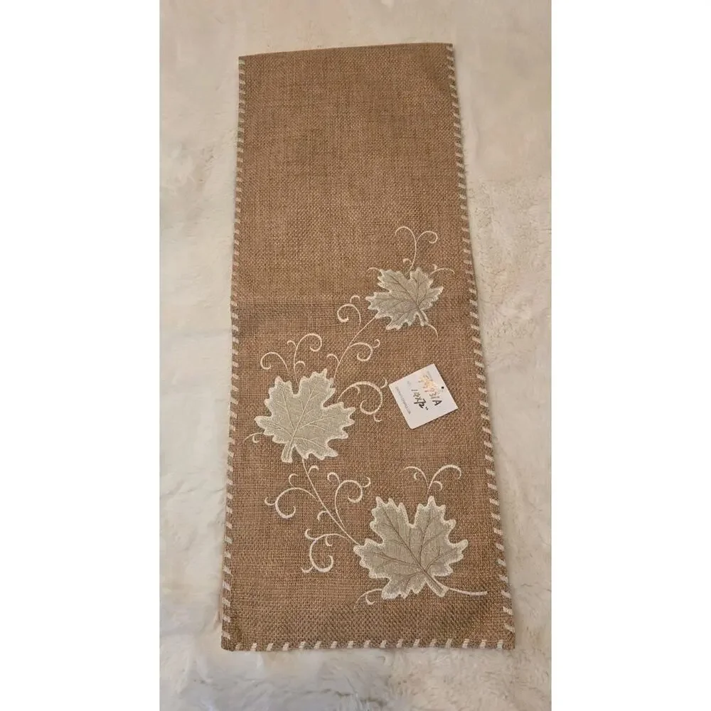 RARE Evermaple Manufacturer Sample Burlap Fall Table Runner 14x72 Embroidered...